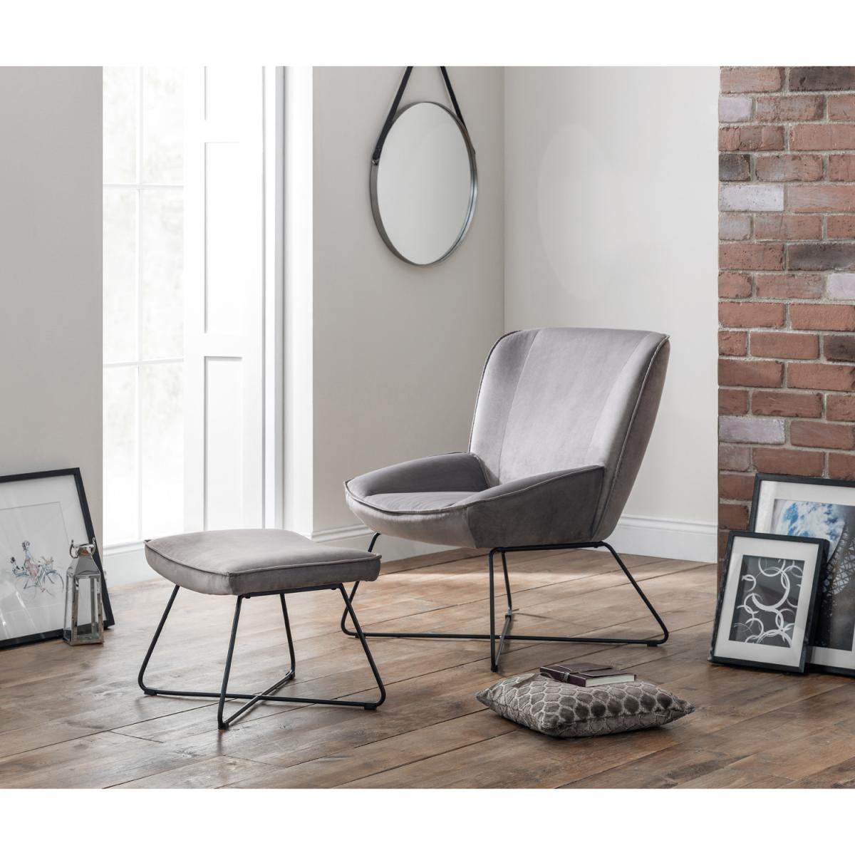 Mila Velvet Accent Chair With Stool - Grey – image 3
