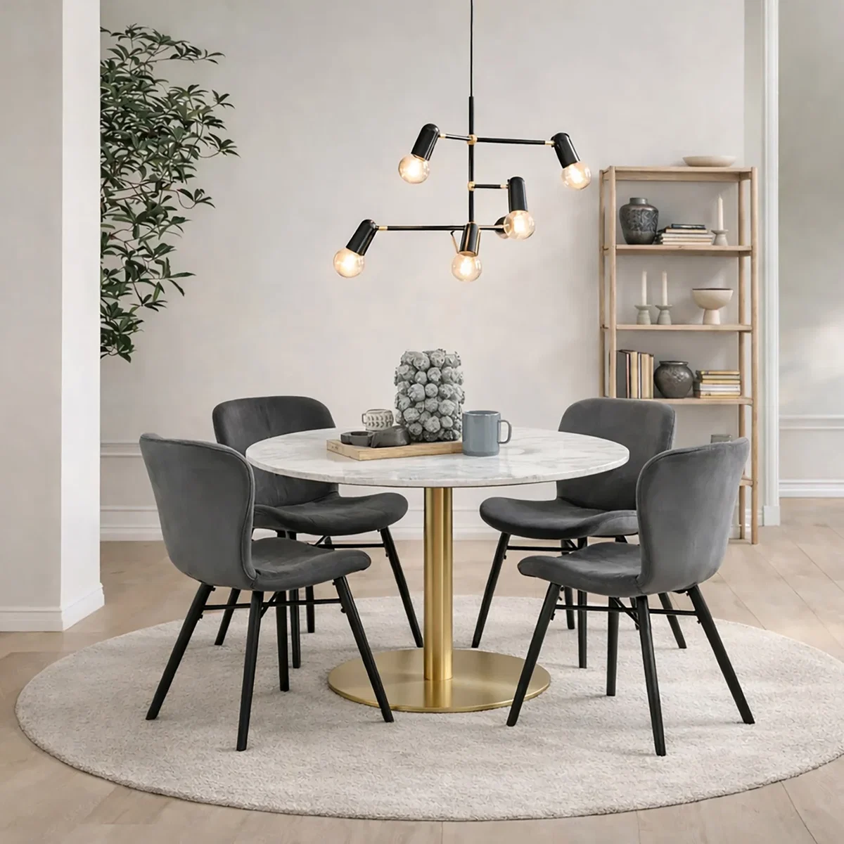 Corby Round Table White Marble Gold Base + 4 Batilda Dark Grey Chairs - White Marble & Gold & Dark Grey – image 1