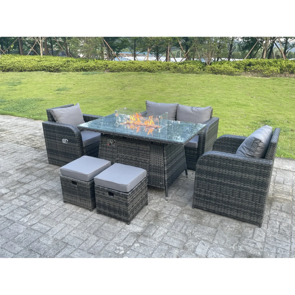 Rattan 6 Seater Gas Fire Pit Sofa Set Reclining Chairs Stools – image 2