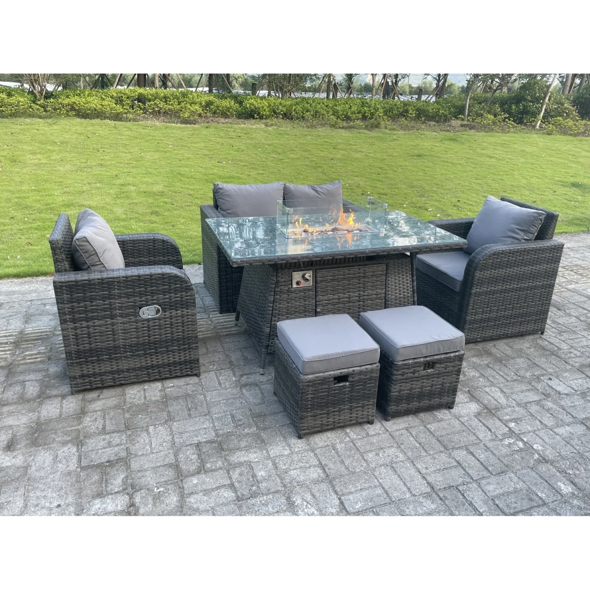 Rattan 6 Seater Gas Fire Pit Sofa Set Reclining Chairs Stools – image 3