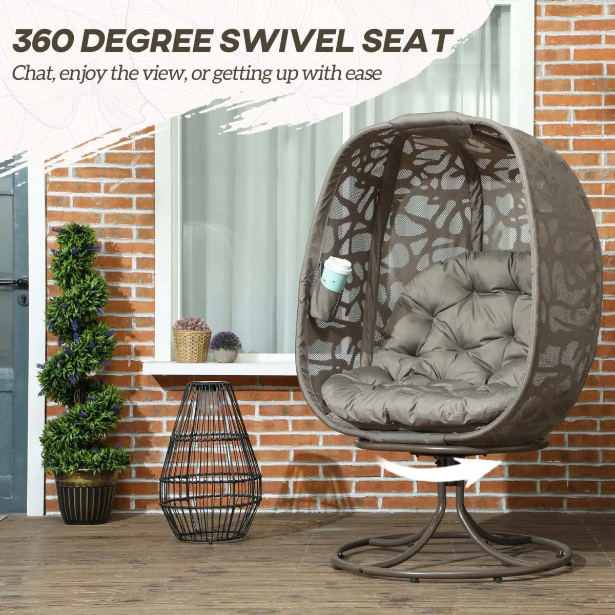 Nise Rattan and Metal Sand Brown Swivel Egg Chair with Cushions – image 2