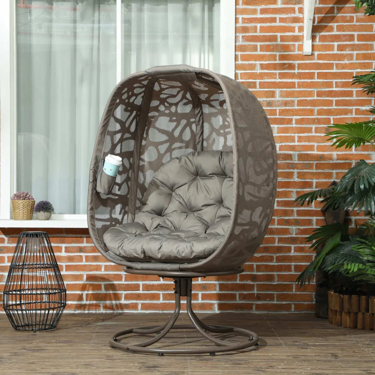 Nise Rattan and Metal Sand Brown Swivel Egg Chair with Cushions – image 4