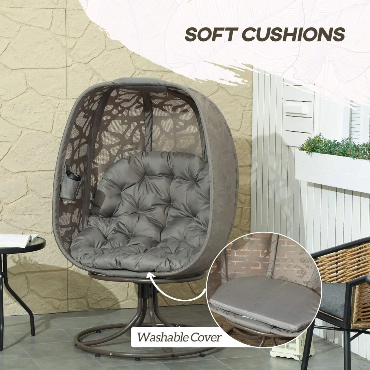Nise Rattan and Metal Sand Brown Swivel Egg Chair with Cushions – image 6