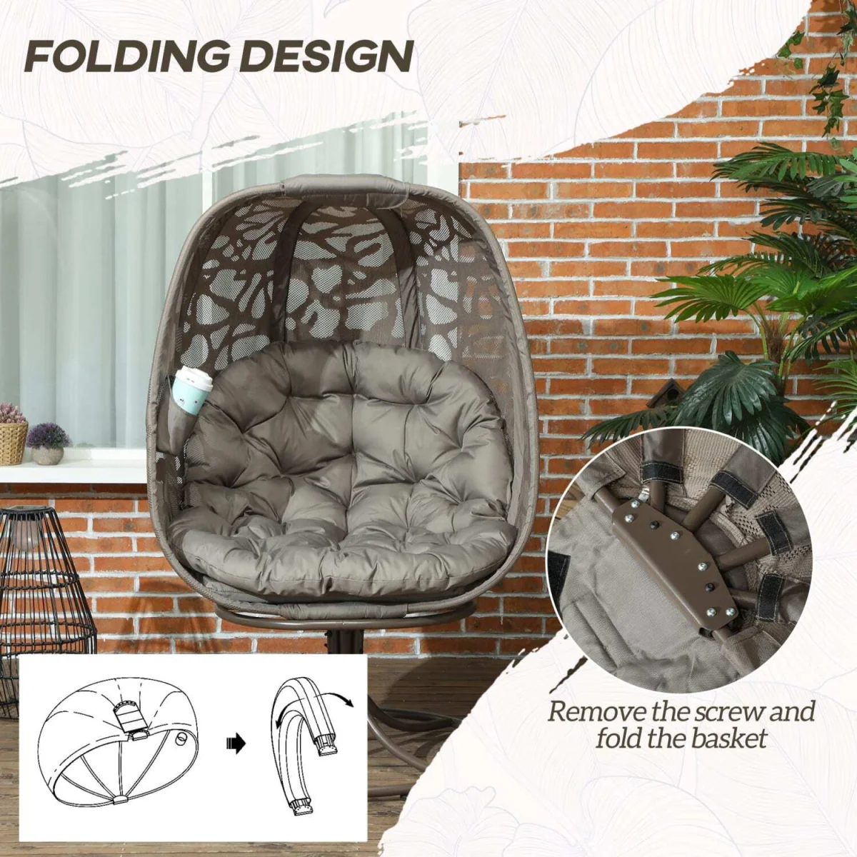 Nise Rattan and Metal Sand Brown Swivel Egg Chair with Cushions – image 7