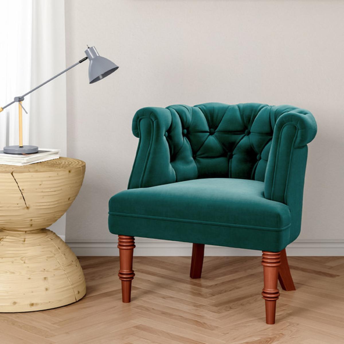 Mid-century Wooden Barrel Chair Velvet Upholstered - Green