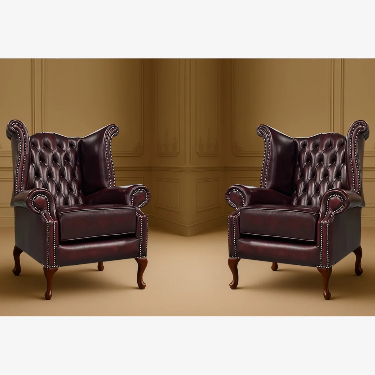 Pair of Chesterfield Scrolled Wingback Leather Arm Chairs - Red