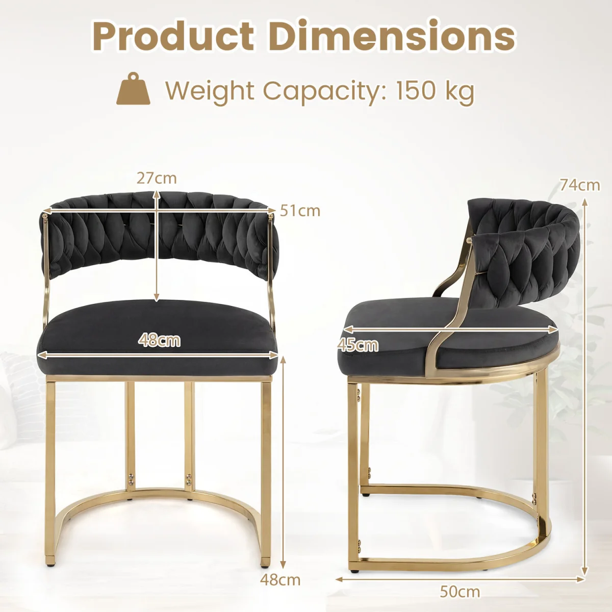 2 Pieces Modern Woven Upholstered Accent Dining Chairs with Curved Back - Black – image 3
