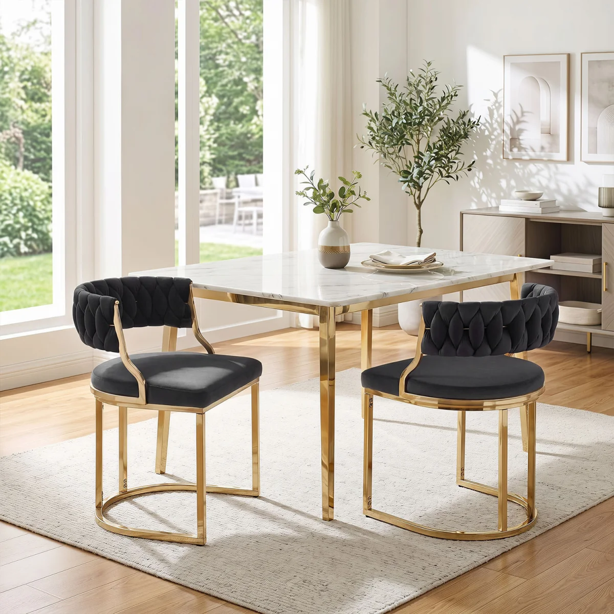 2 Pieces Modern Woven Upholstered Accent Dining Chairs with Curved Back - Black – image 4