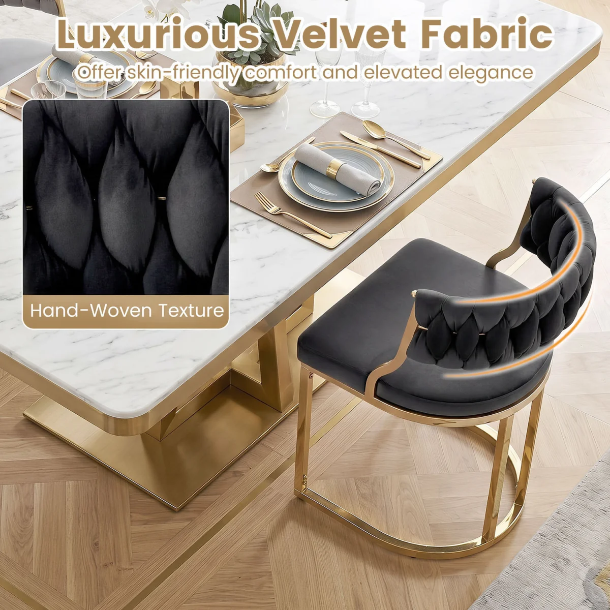 2 Pieces Modern Woven Upholstered Accent Dining Chairs with Curved Back - Black – image 5