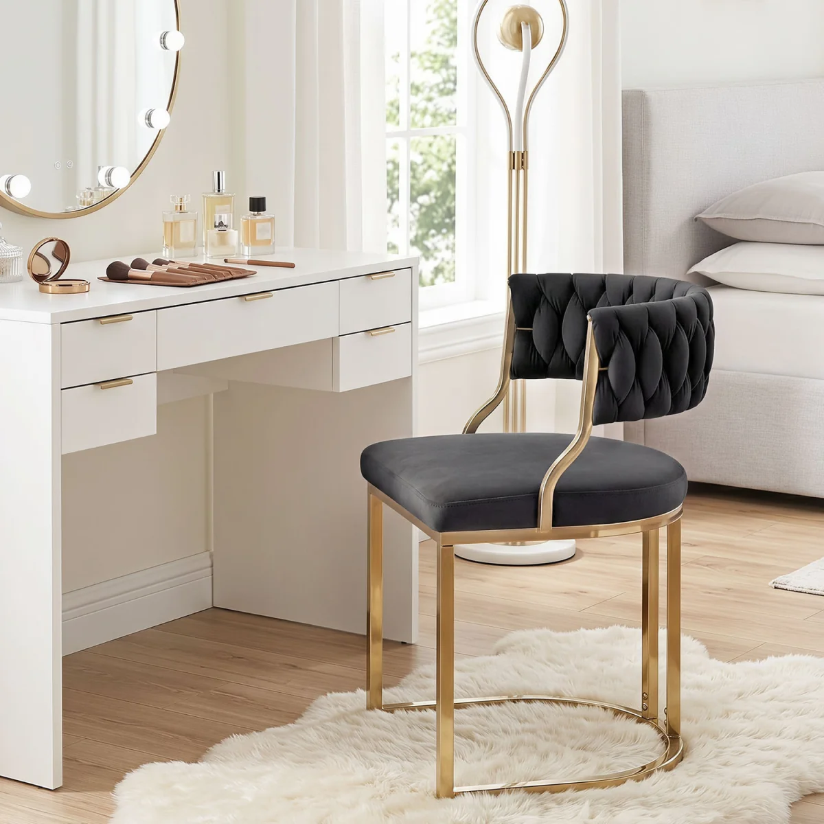 2 Pieces Modern Woven Upholstered Accent Dining Chairs with Curved Back - Black – image 7