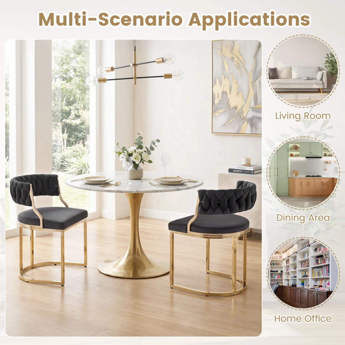 2 Pieces Modern Woven Upholstered Accent Dining Chairs with Curved Back - Black – image 8