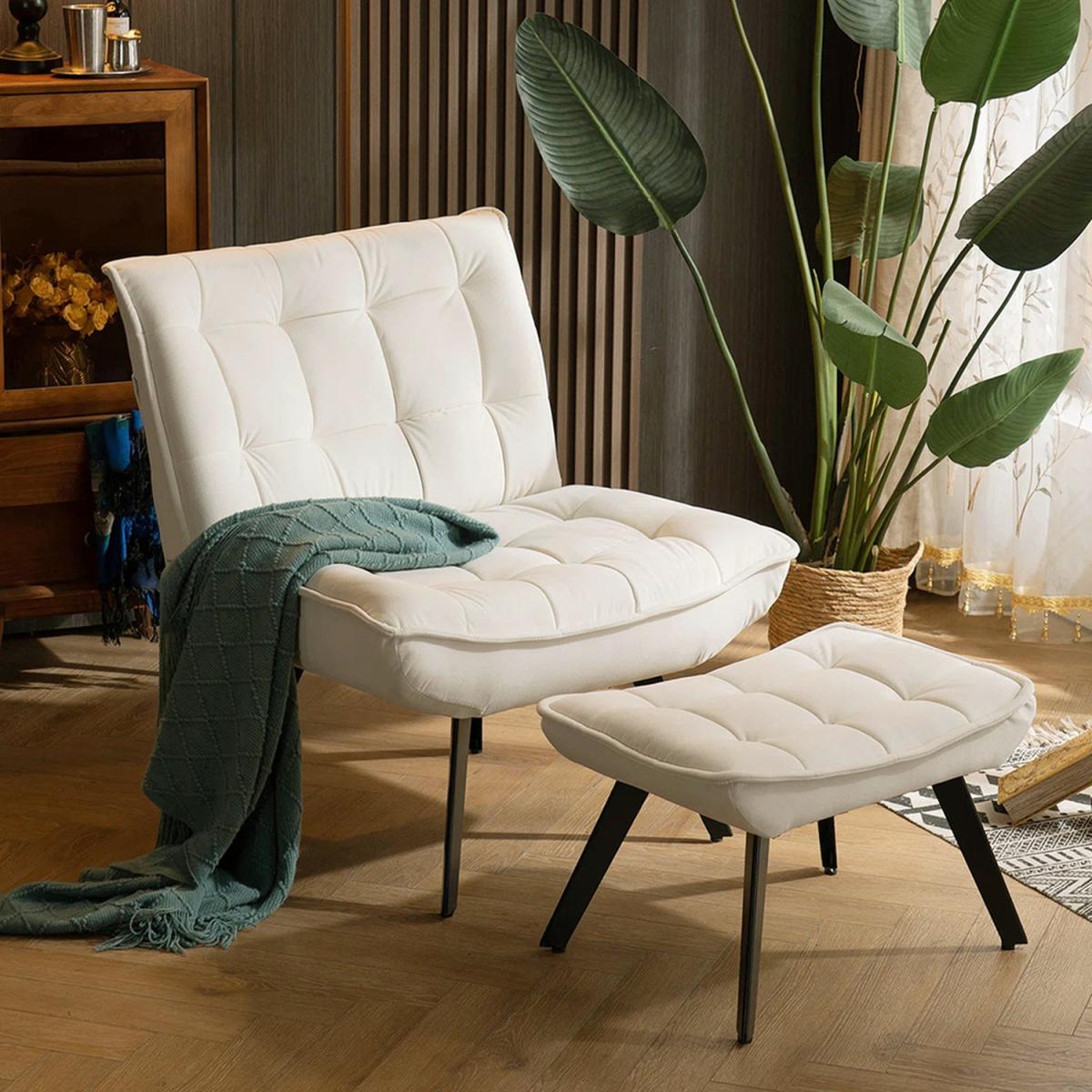 Velvet Accent Comfy Chair with Footstool - Beige