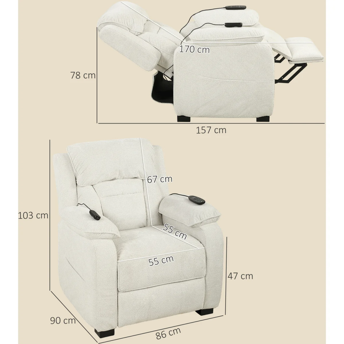 HOMCOM Power Recliner Chair with Heat - Cream – image 8