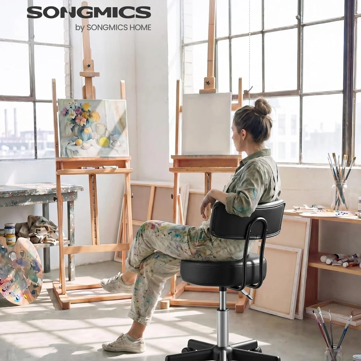 SONGMICS Rolling Stool, PU Leather Swivel Salon Chair - Ink Black – image 2