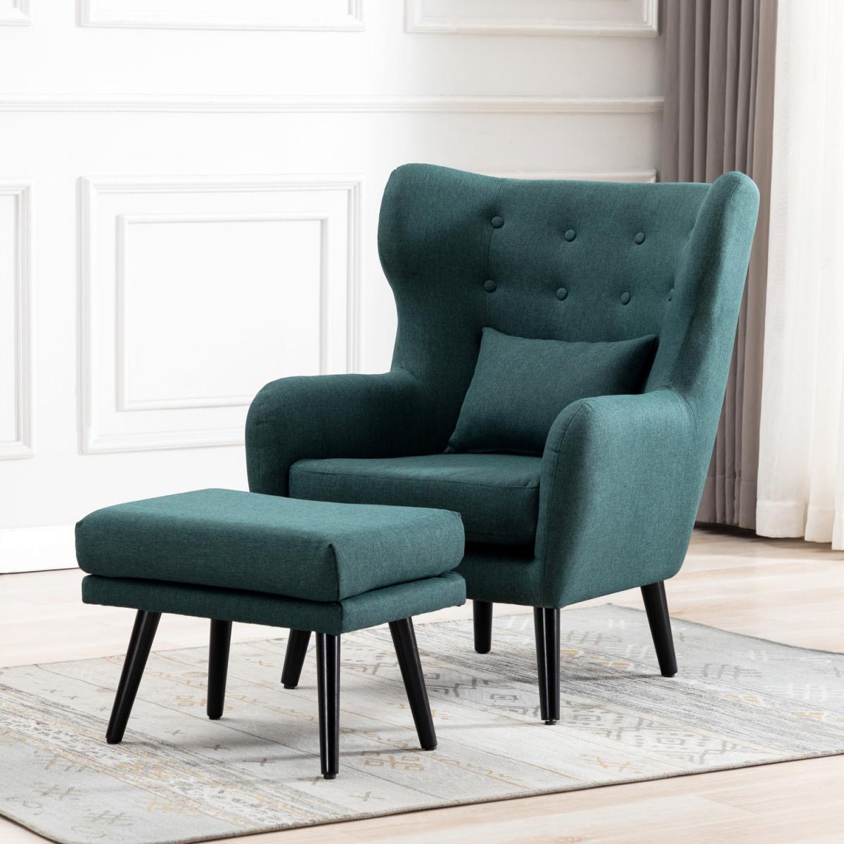 Winslow Wing Back Linen Accent Chair - Green / With Footstool – image 3