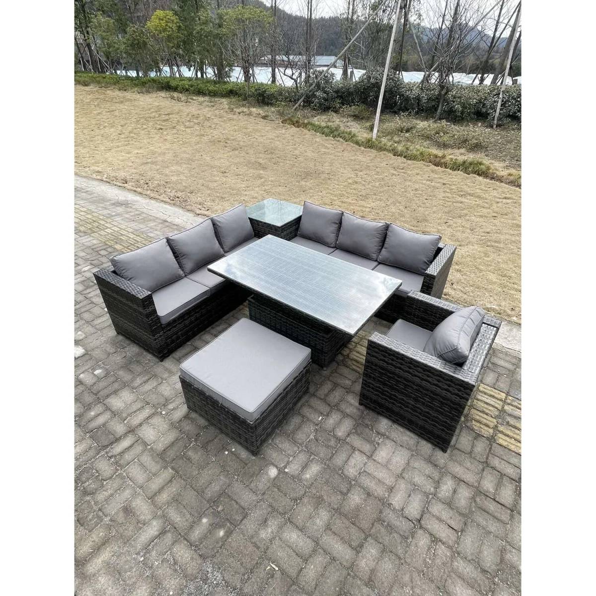 8 Seater PE Rattan Corner Sofa Set Arm Chair Big Footstool - Dark Grey Mixed – image 2