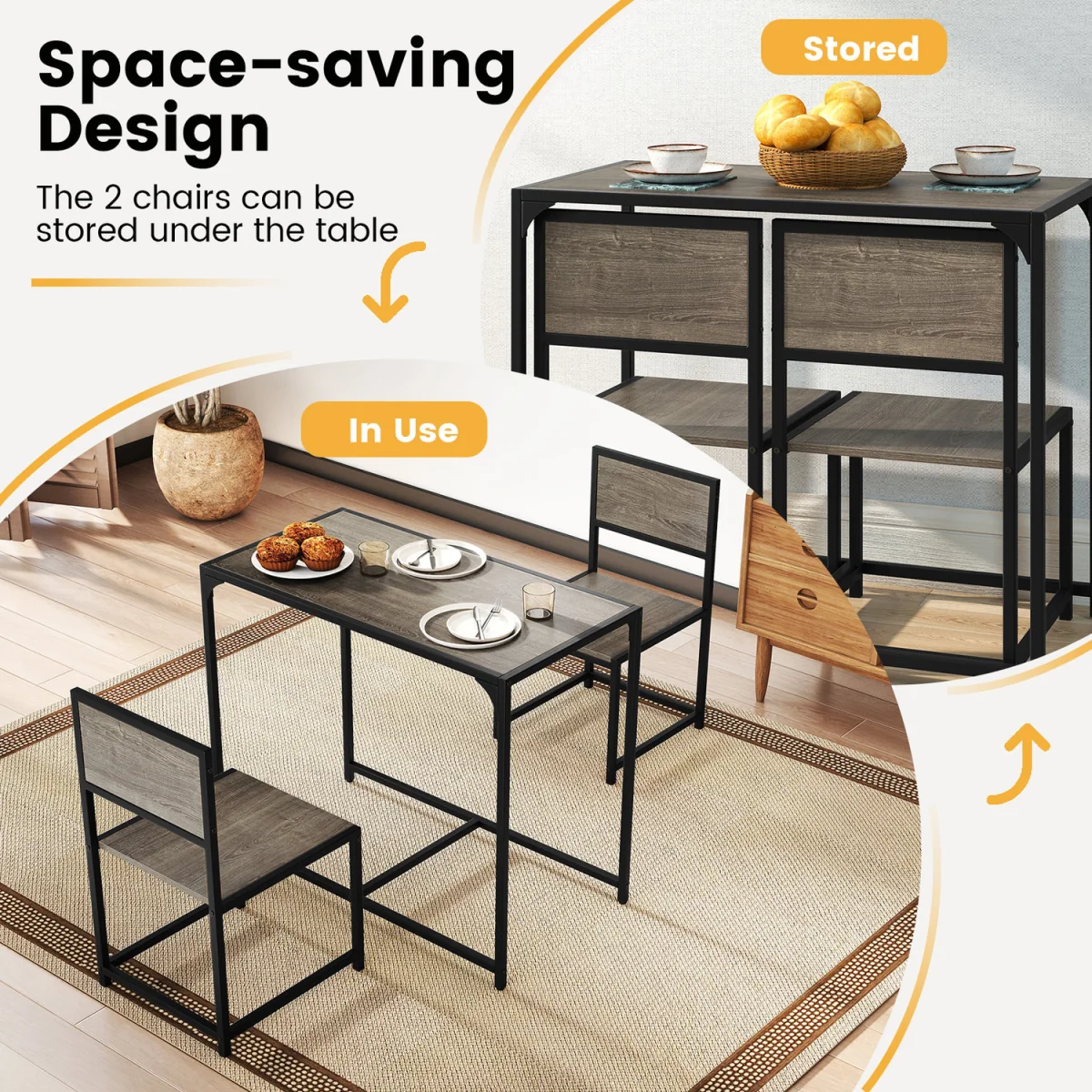 Industrial Rectangular Kitchen Table with 2 Chairs - Grey – image 11