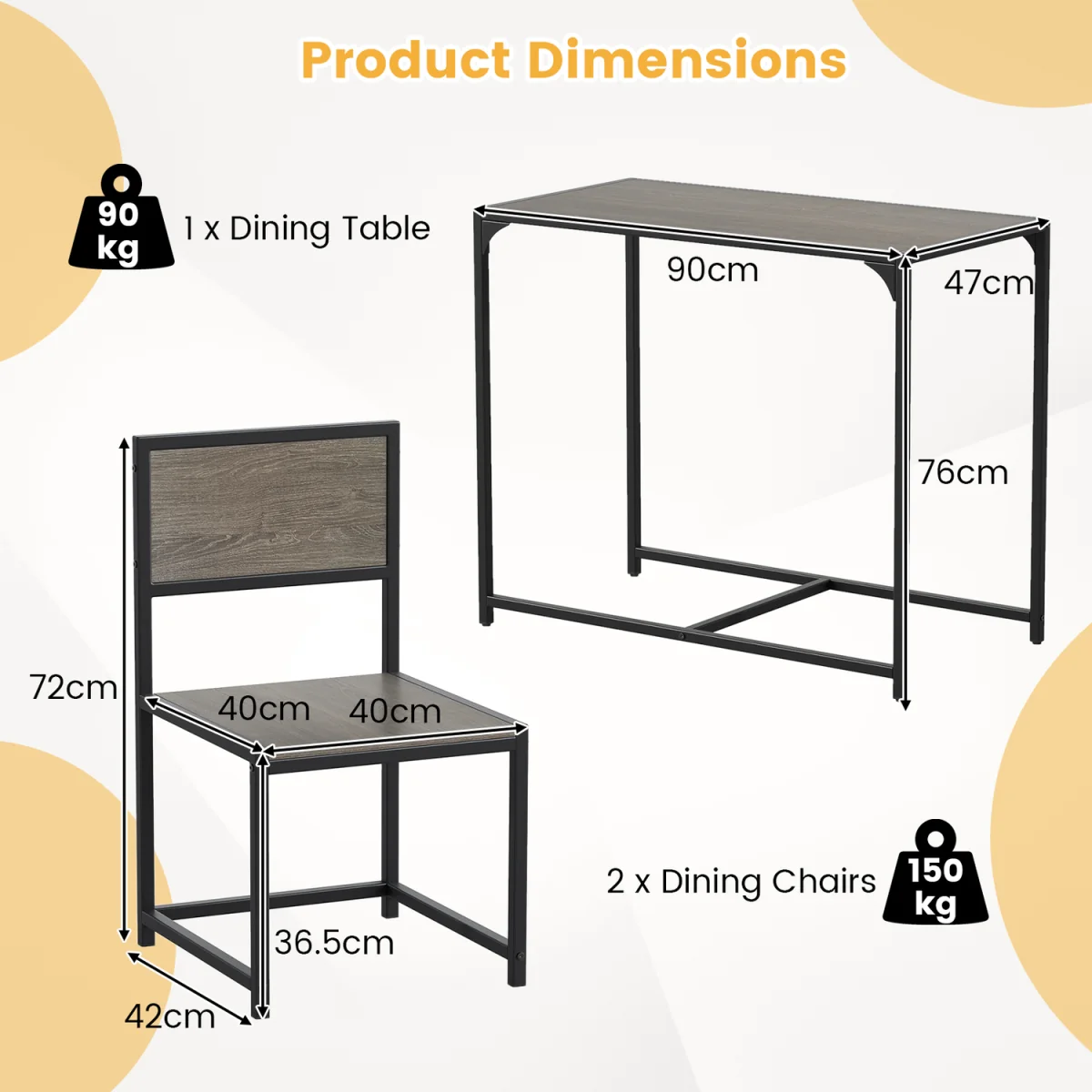 Industrial Rectangular Kitchen Table with 2 Chairs - Grey – image 5