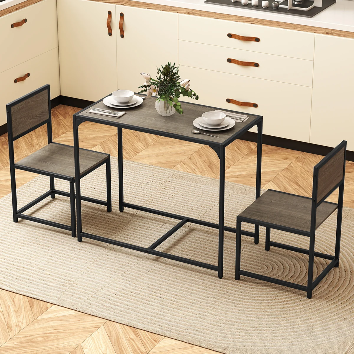 Industrial Rectangular Kitchen Table with 2 Chairs - Grey – image 9