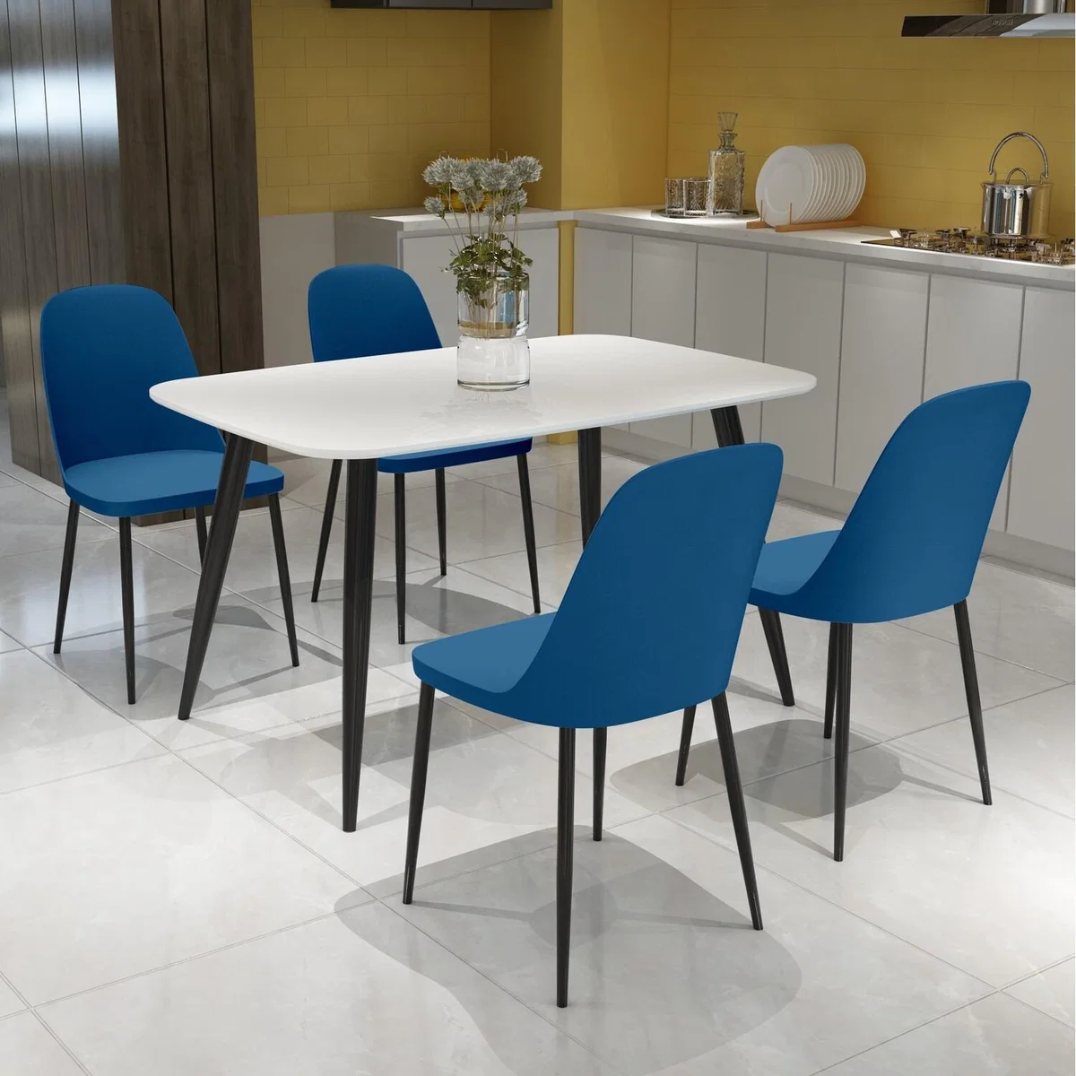Aspen Rectangular White Table and 4 Duo Plastic Chair SET - Blue