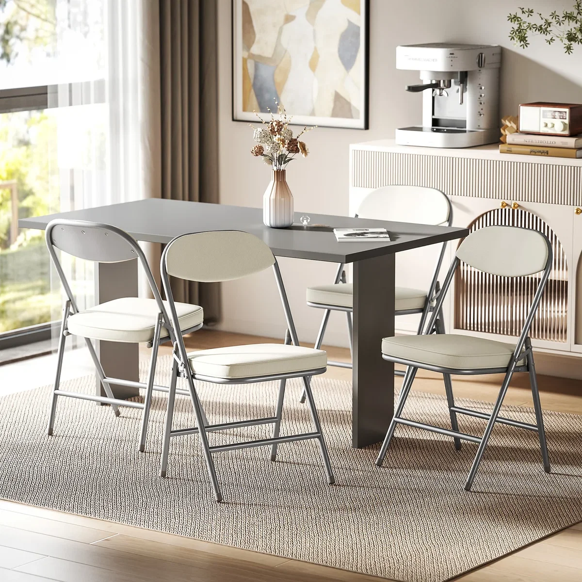 HOMCOM Folding Chairs Set of 4 with Cushioned Seat Steel Frame - Cream – image 1