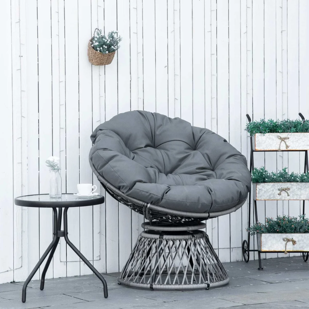 Rarare Grey Rattan Swivel Papasan Moon Chair with Oversized Cushion – image 2