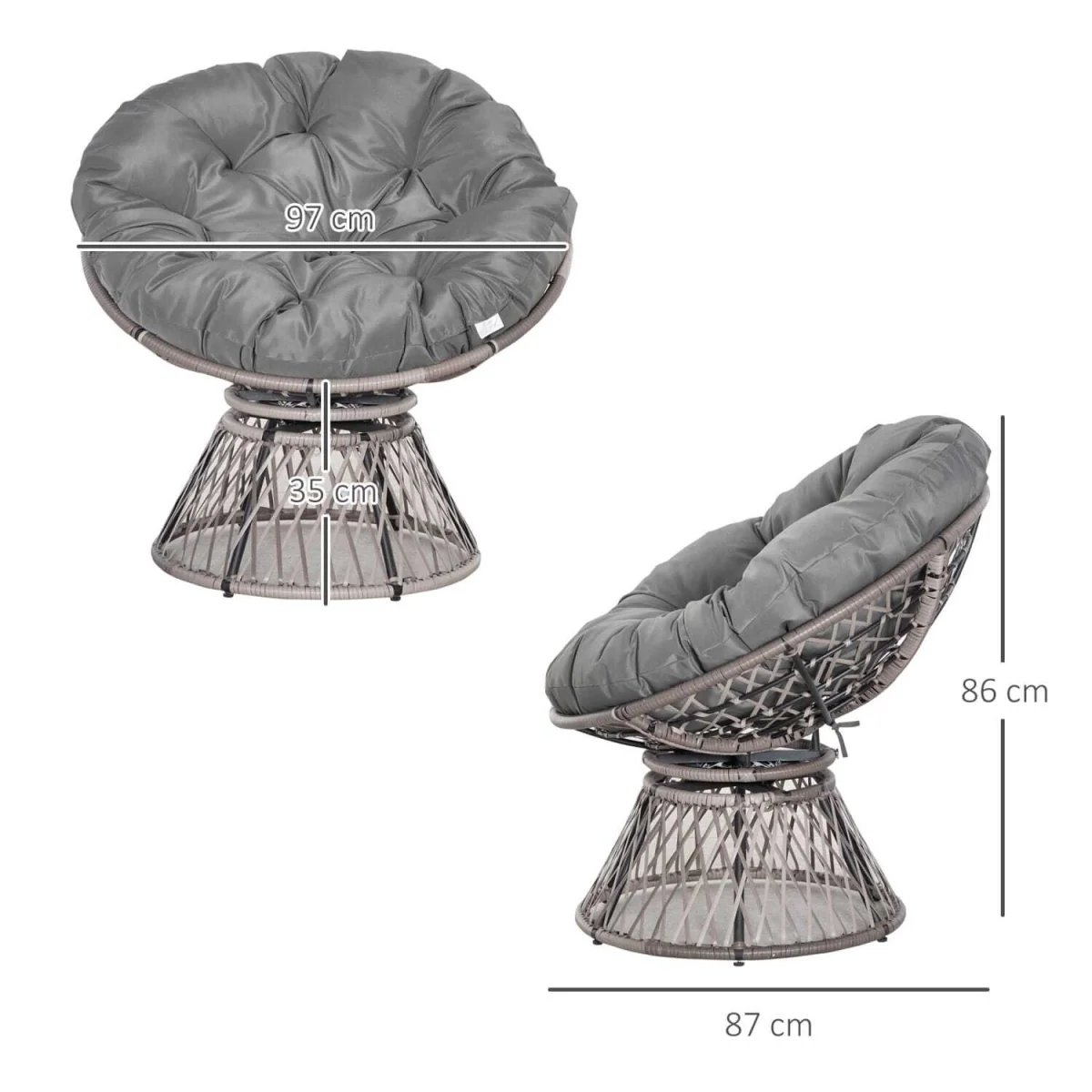 Rarare Grey Rattan Swivel Papasan Moon Chair with Oversized Cushion – image 4