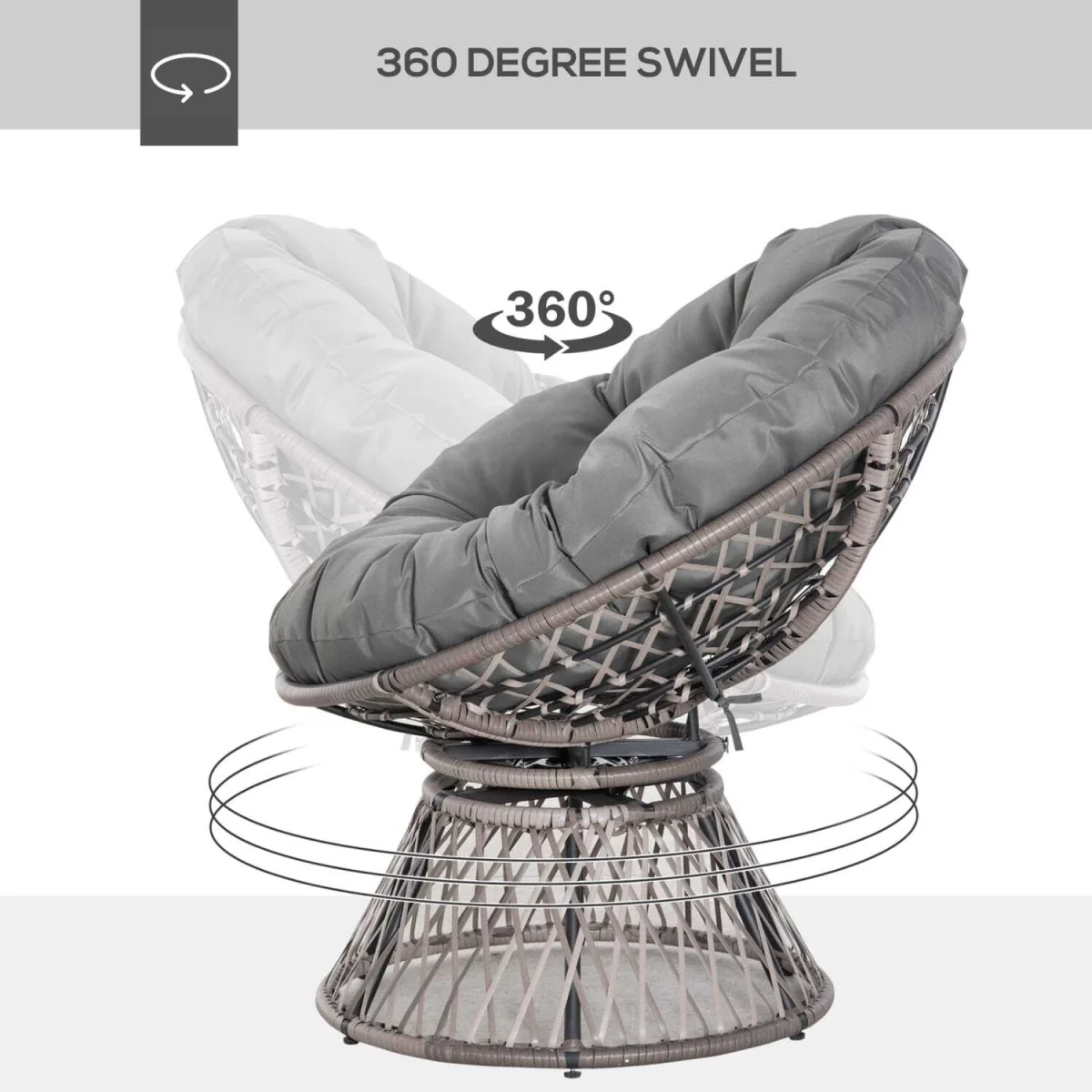 Rarare Grey Rattan Swivel Papasan Moon Chair with Oversized Cushion – image 5