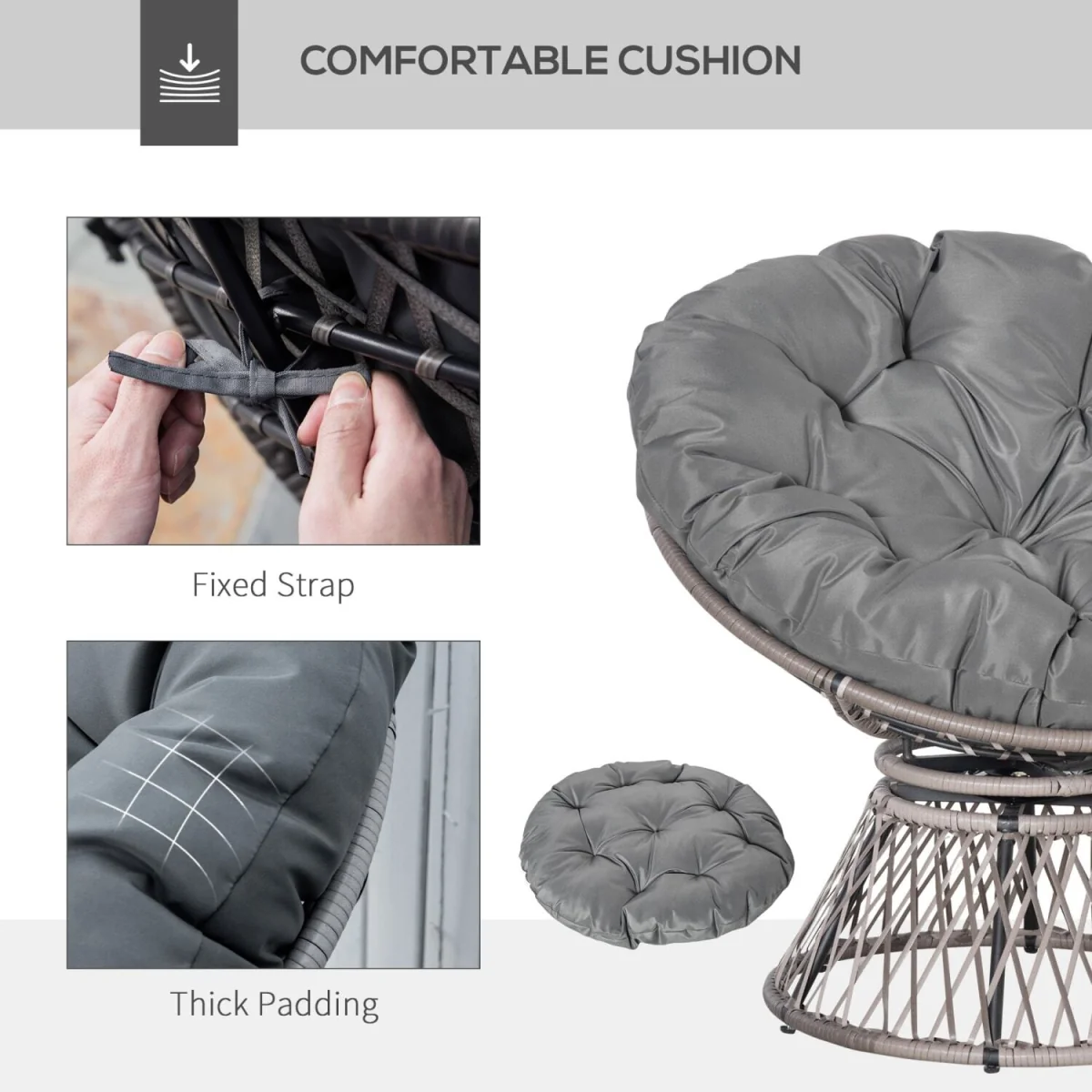 Rarare Grey Rattan Swivel Papasan Moon Chair with Oversized Cushion – image 6