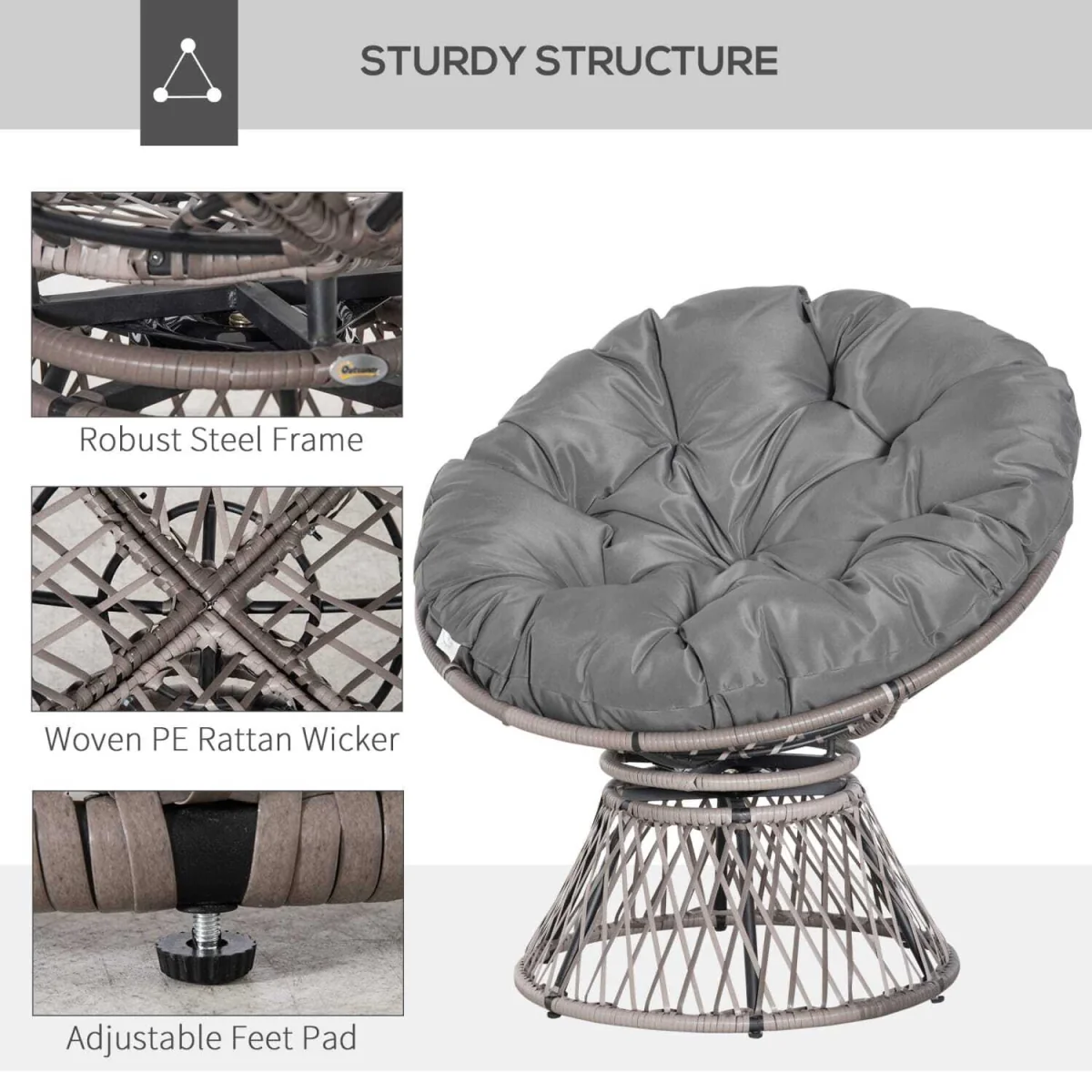 Rarare Grey Rattan Swivel Papasan Moon Chair with Oversized Cushion – image 7