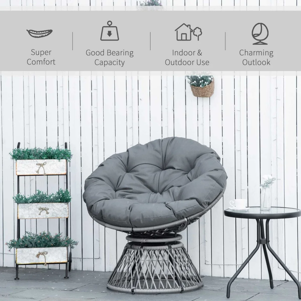 Rarare Grey Rattan Swivel Papasan Moon Chair with Oversized Cushion – image 8