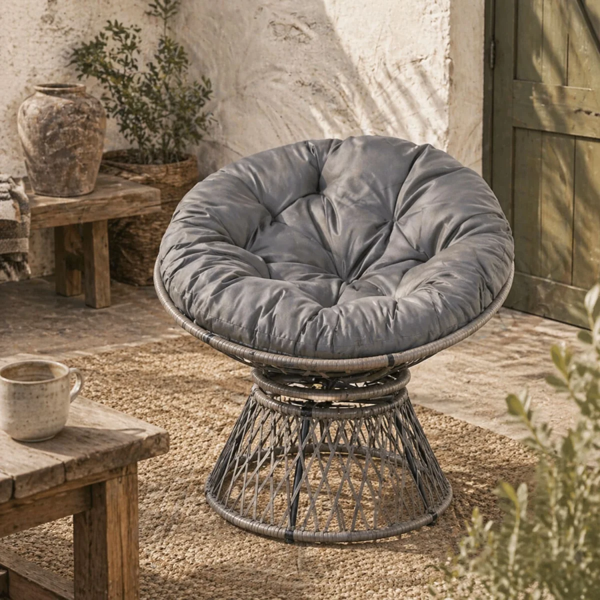 Rarare Grey Rattan Swivel Papasan Moon Chair with Oversized Cushion – image 1