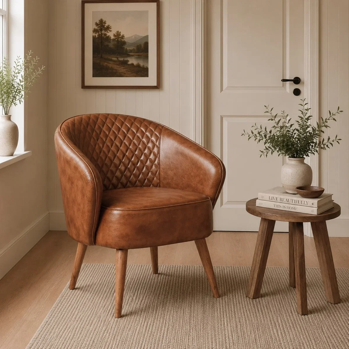 Tan Brown Genuine Real Hide Leather Tub Chair - Brown – image 2