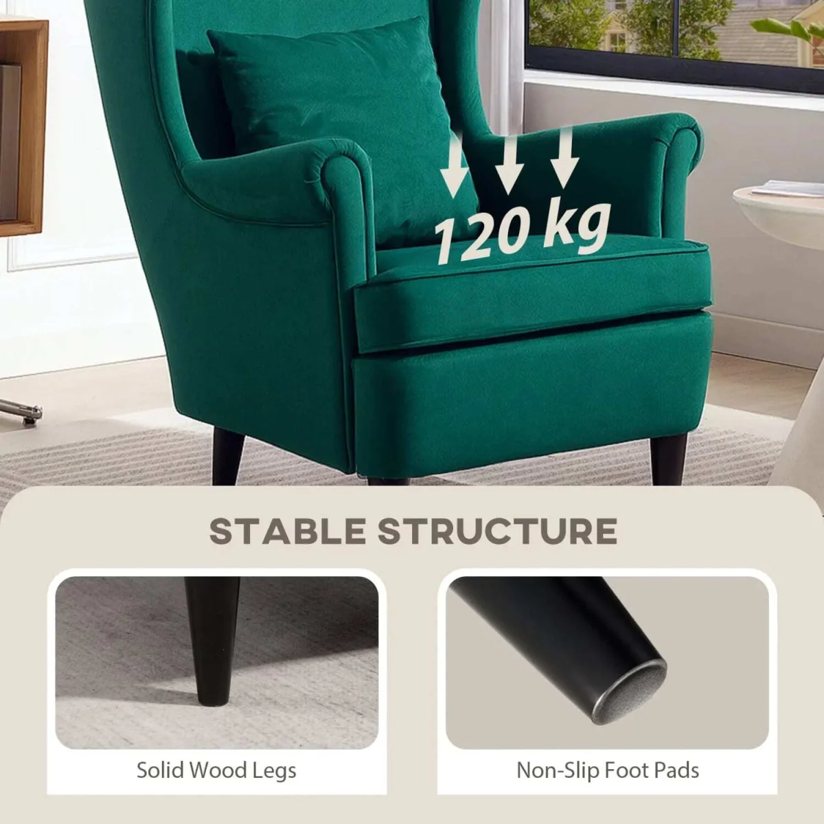 Dark Green Velvet-Feel Wingback Accent Chair with High Back Pillow and Wooden Legs – image 2
