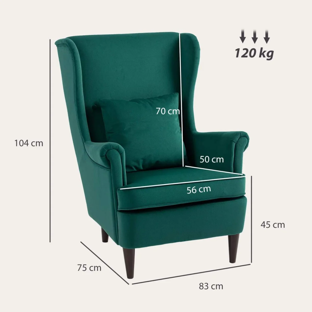 Dark Green Velvet-Feel Wingback Accent Chair with High Back Pillow and Wooden Legs – image 4