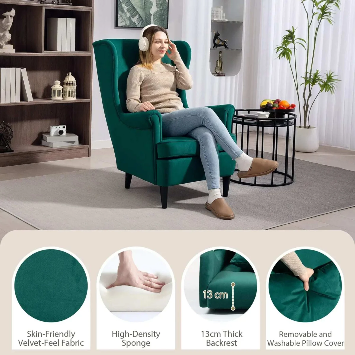 Dark Green Velvet-Feel Wingback Accent Chair with High Back Pillow and Wooden Legs – image 5