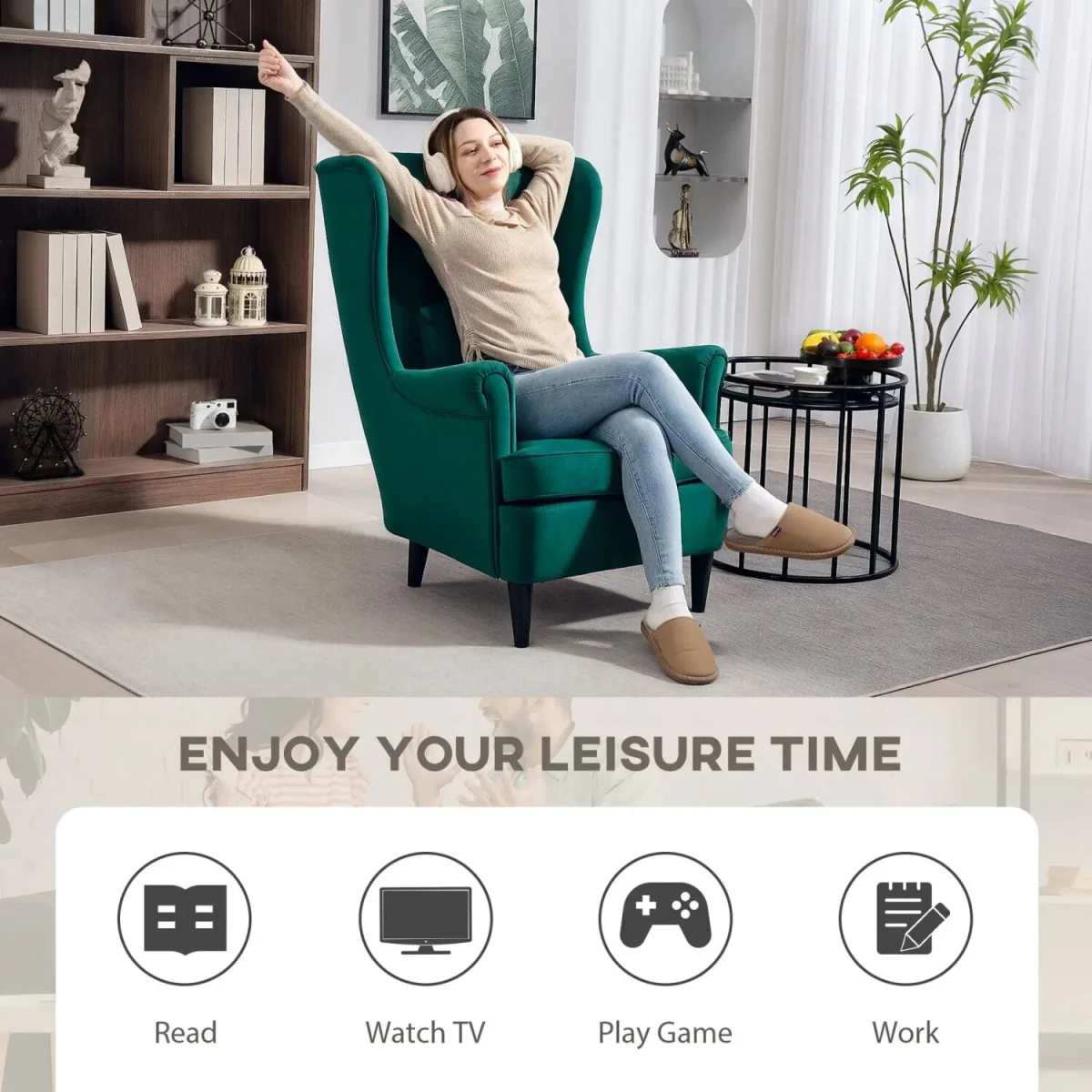 Dark Green Velvet-Feel Wingback Accent Chair with High Back Pillow and Wooden Legs – image 6