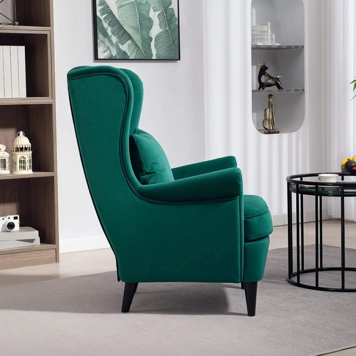 Dark Green Velvet-Feel Wingback Accent Chair with High Back Pillow and Wooden Legs – image 7