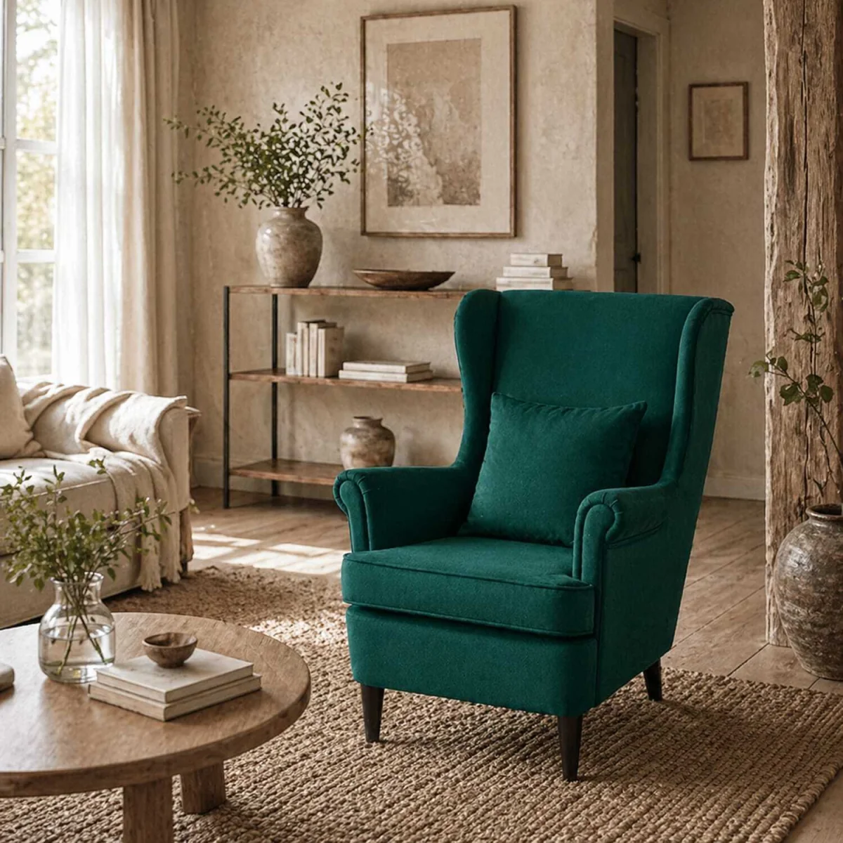 Dark Green Velvet-Feel Wingback Accent Chair with High Back Pillow and Wooden Legs – image 1