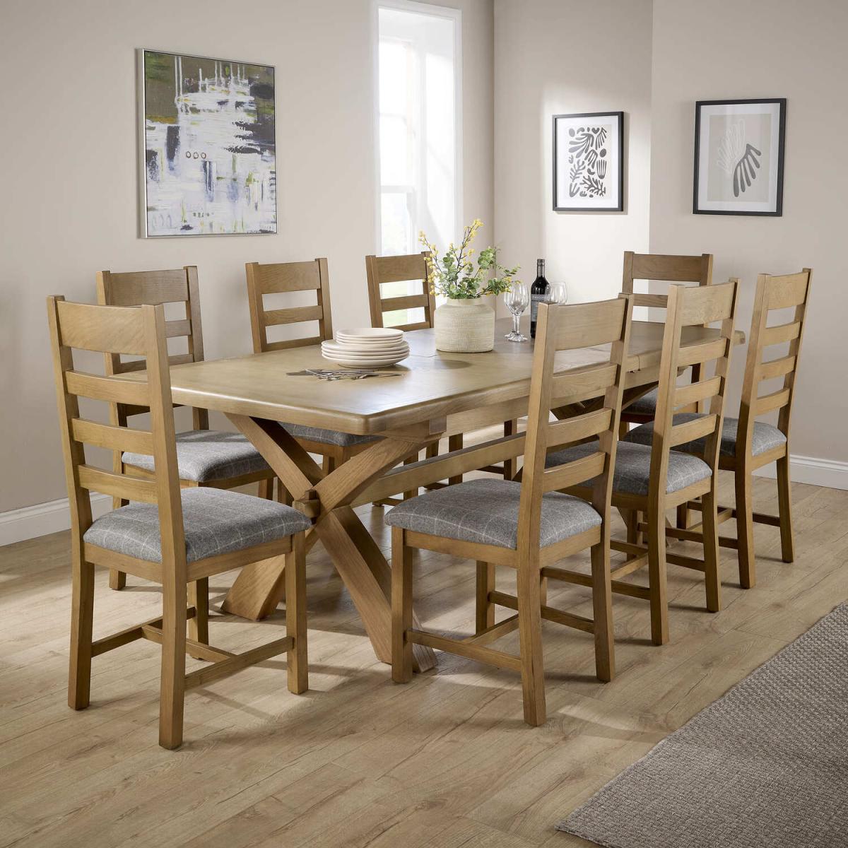 Bentley Oak Extending 2.3m Table and 8 Solid Oak Upholstered Seat Chairs - Grey Check