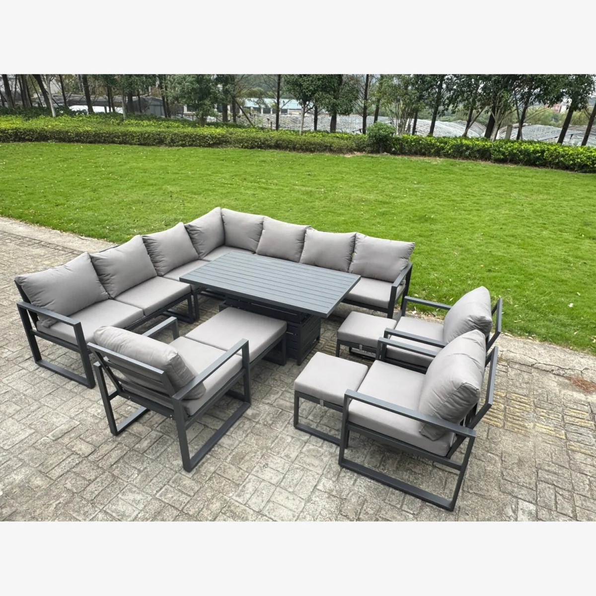 ALuminum 13-Seater L-Shaped Set with Lifting Table, 3 Stools & 3 Chair - Dark grey