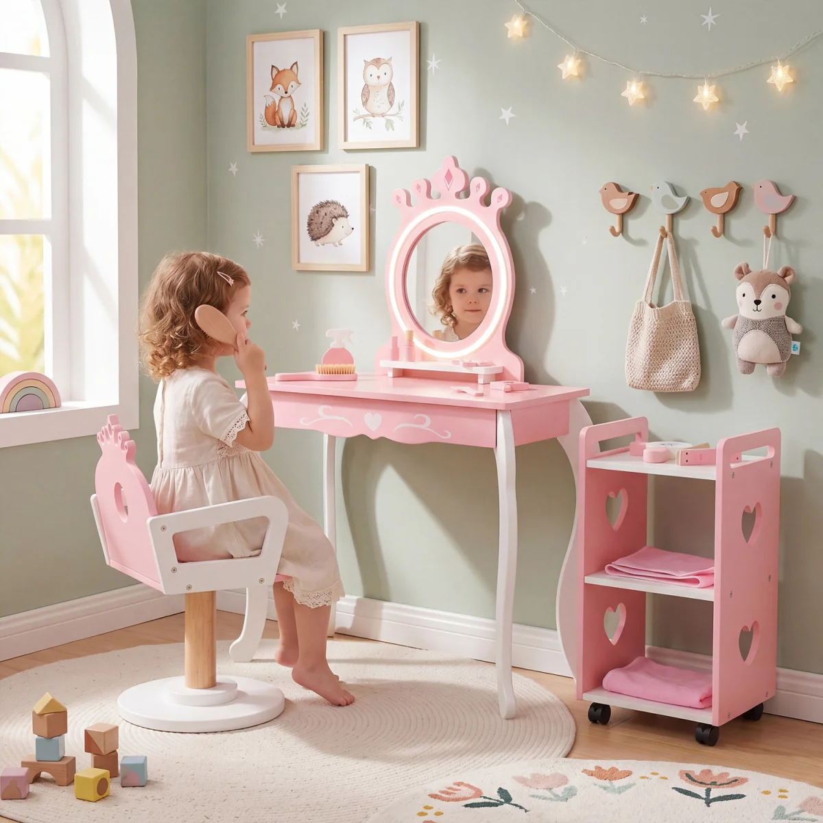 Wooden Pretend Hair Salon Station with Swivel Barber Chair and Rolling Cart - Pink – image 2