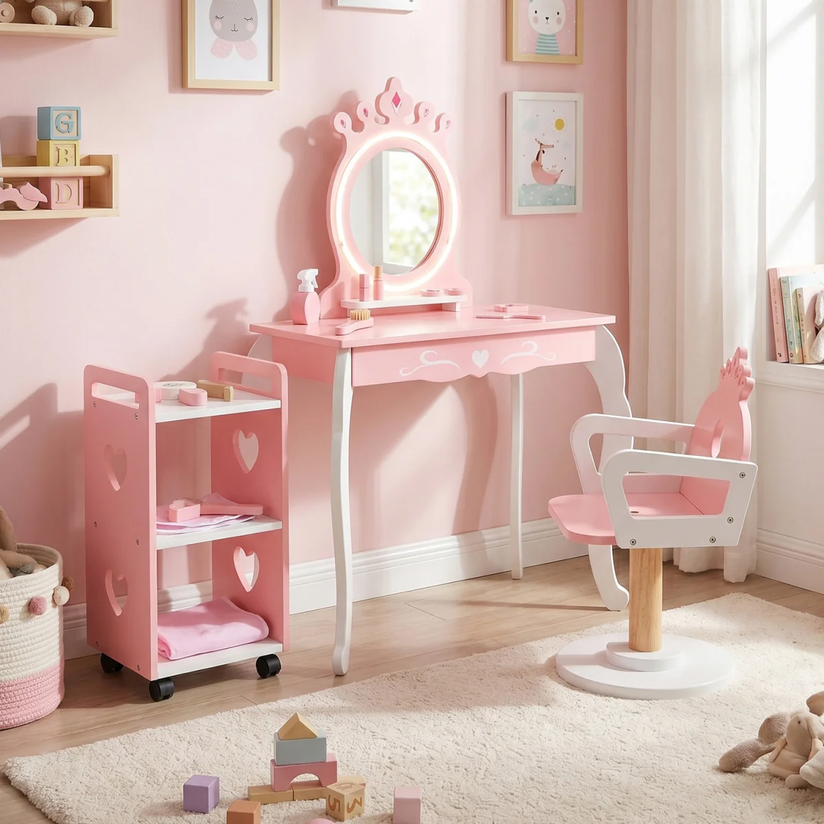 Wooden Pretend Hair Salon Station with Swivel Barber Chair and Rolling Cart - Pink – image 3