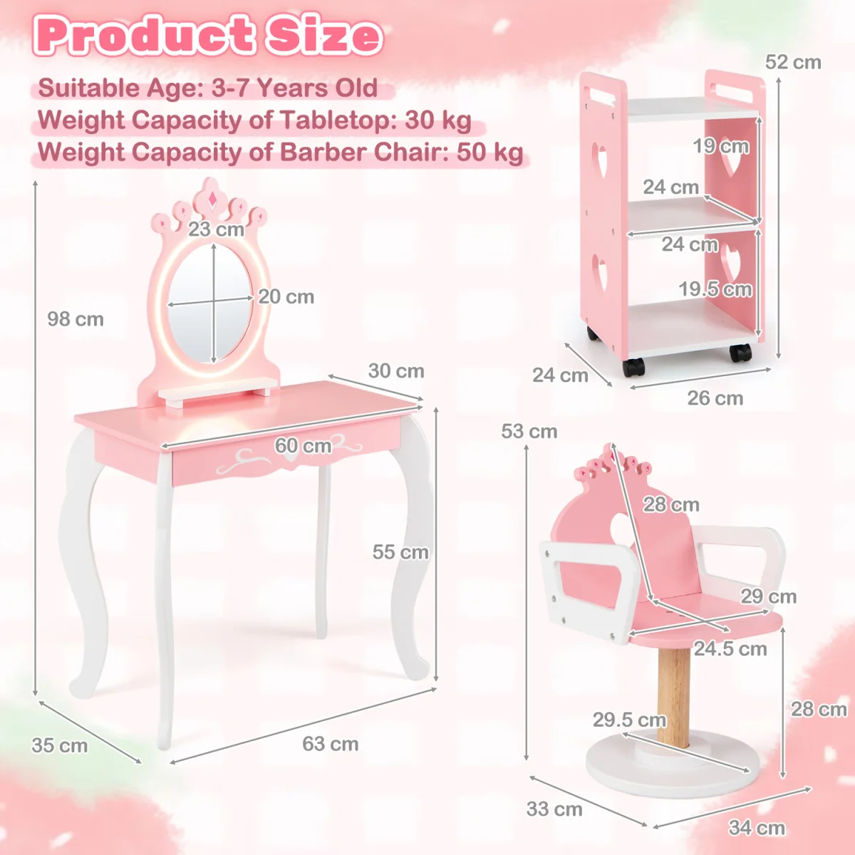 Wooden Pretend Hair Salon Station with Swivel Barber Chair and Rolling Cart - Pink – image 4