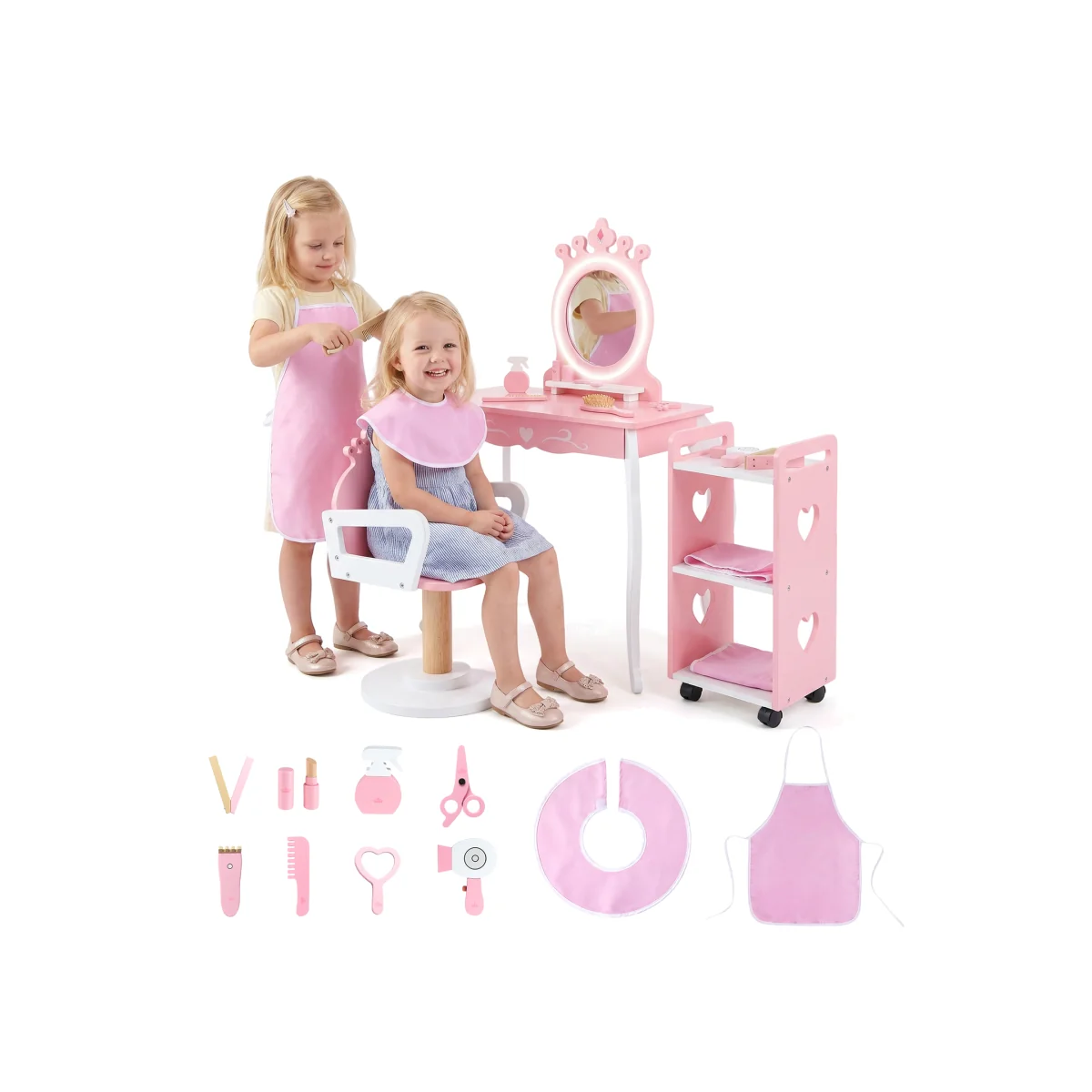 Wooden Pretend Hair Salon Station with Swivel Barber Chair and Rolling Cart - Pink – image 1