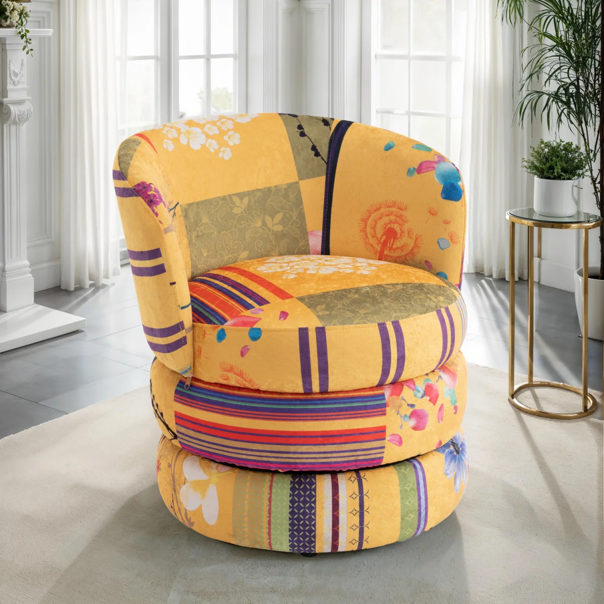 Fabric Gold Patchwork Tilly Accent Swivel Chair - Gold – image 2