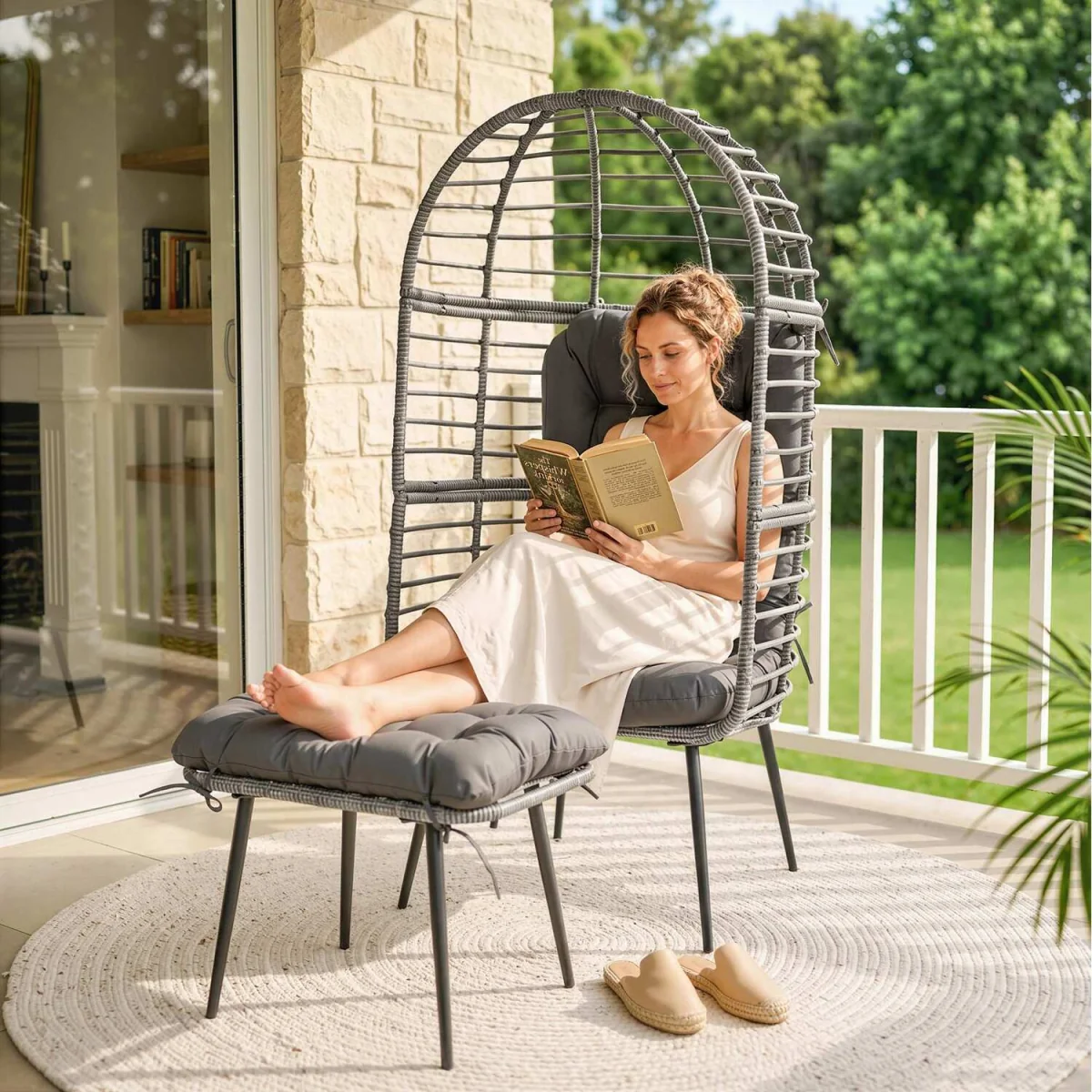 Outsunny Standing Egg Chair with Footstool and Cushion - Light Grey – image 2