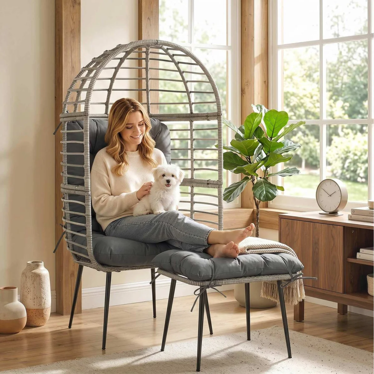 Outsunny Standing Egg Chair with Footstool and Cushion - Light Grey – image 3