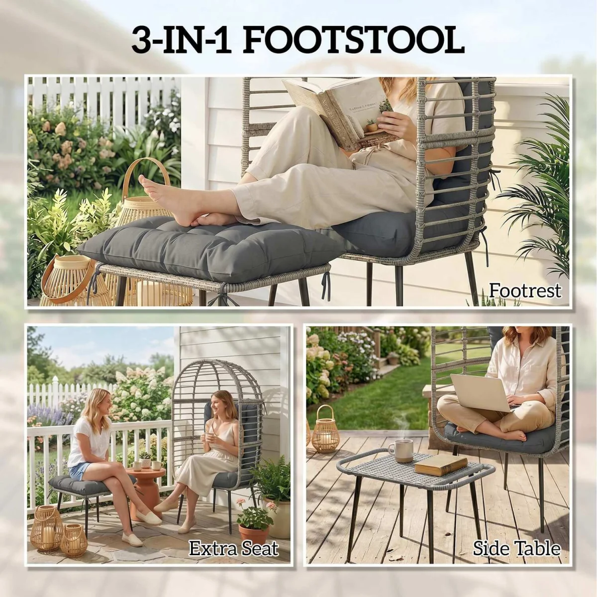 Outsunny Standing Egg Chair with Footstool and Cushion - Light Grey – image 4