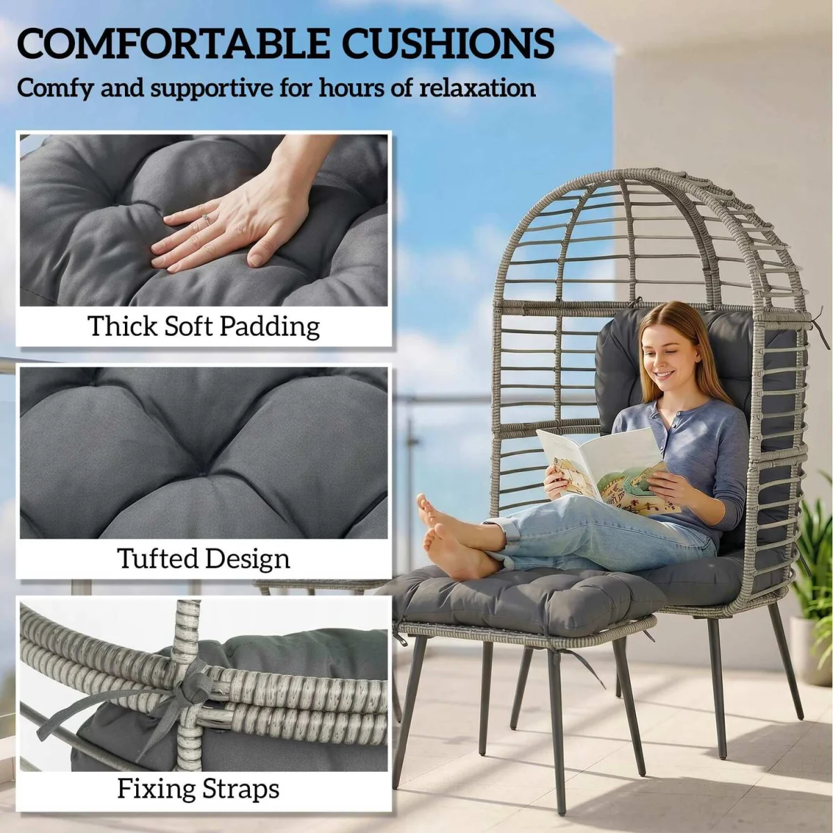 Outsunny Standing Egg Chair with Footstool and Cushion - Light Grey – image 5